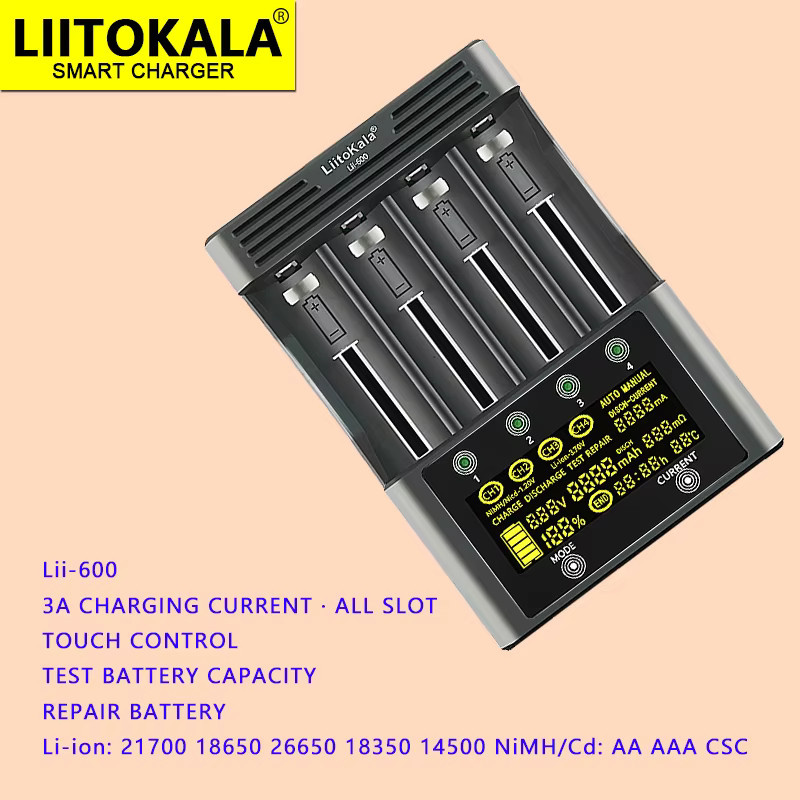 LiitoKala Lii-600 LCD Smart Batterieladegerät in Schwarz für Li-Ion 3,7V und NiMH 1,2V Akkus (18650, 26650, 21700, AA, AAA) - Bild 3