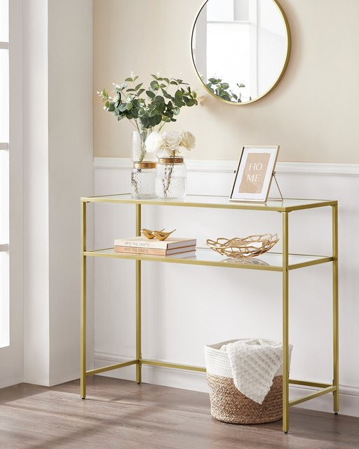 Vasagle Konsolentisch mit 2 Ablagen aus Hartglas und Metallgestell in Gold, B/T/H: 100 x 35 x 80 cm - Bild 2