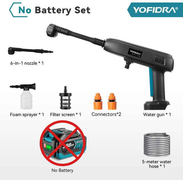 YOFIDRA 6 in 1 Hochdruck Autowaschpistole mit Wassertank, tragbares Reinigungswerkzeug und Gartenspritzpistole, kompatibel mit Makita 18V Akku, Schwarz - Bild 1
