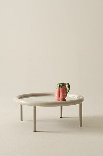 DUXSON Kaffeetisch modern rund in Beige und Weiß mit Glasplatte und Metallgestell, Durchmesser: 90 cm, Höhe: 35 cm - Bild 1