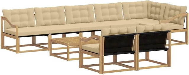 vidaXL Outdoor-Sofagarnitur aus Akazienholz in L-Form, 9-teiliges Set mit Textilene und Kissen, Weiß und Beige, B/T/H: 79 x 79 x 37 cm - Bild 1