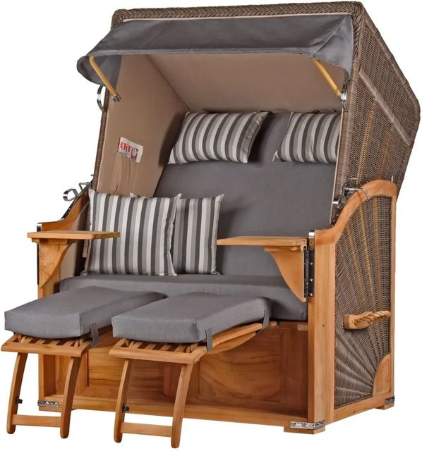 bene,iving Strandkorb Komplettset Schaalsee Modell 544 aus Teakholz und PE-Geflecht in Grau mit passender Abdeckung und Rollen, B/T/H: 170 x 125 x 80 cm - Bild 1