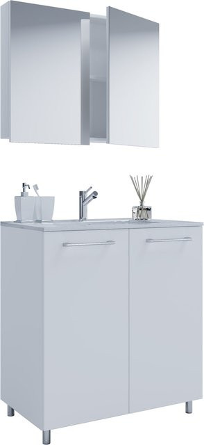 VCM Badmöbel Set Badinos 3-tlg. in Weiß mit Keramik Waschbecken, Spiegelschrank und Unterschrank mit Drehtüren, B/H/T: 80 x 86 x 46 cm - Bild 1