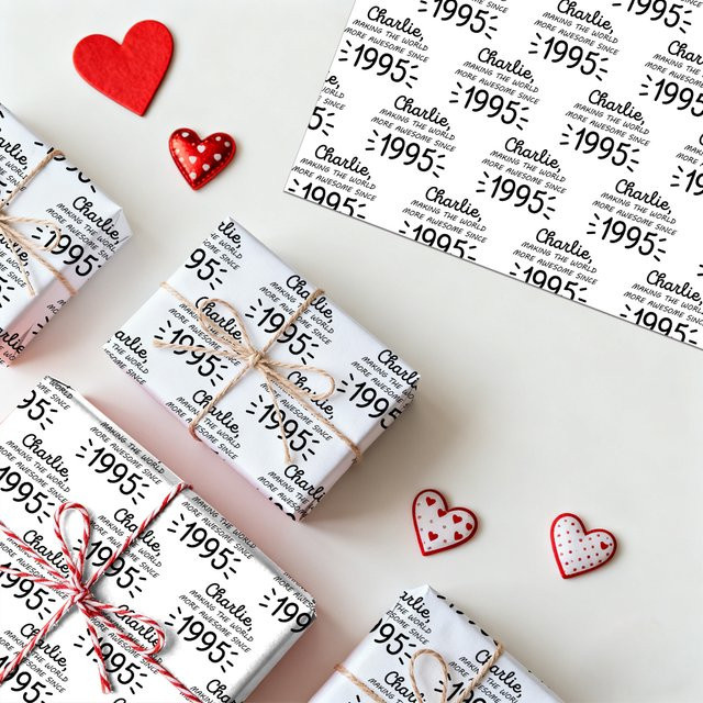 Personalisiertes Geschenkpapier von WEIGAO in Schwarz-Weiß-Design mit Name und Jahr für Geburtstag und Jubiläum - Bild 1