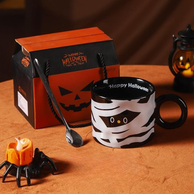 Nordische Kürbistasse aus Keramik für Halloween, Geschenkset in Orange, Weiß und Schwarz, 450 ml - Bild 1