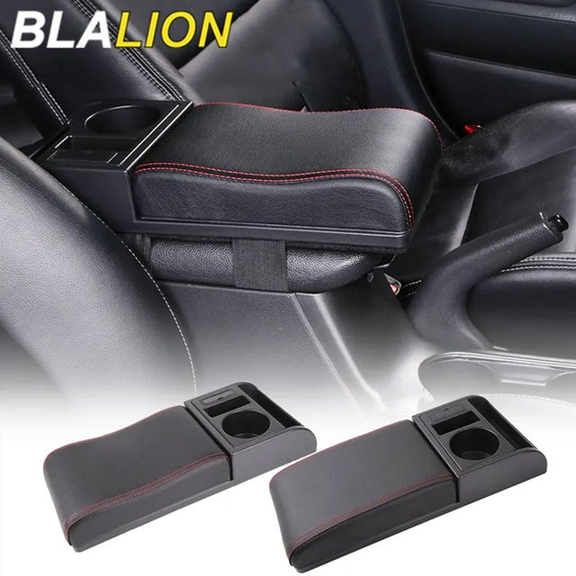 BLALION Auto-Armlehnenbox aus PU-Leder in Schwarz mit USB-Ladeanschlüssen und Getränkehalter als verstellbare Armlehnenverlängerung - Bild 1