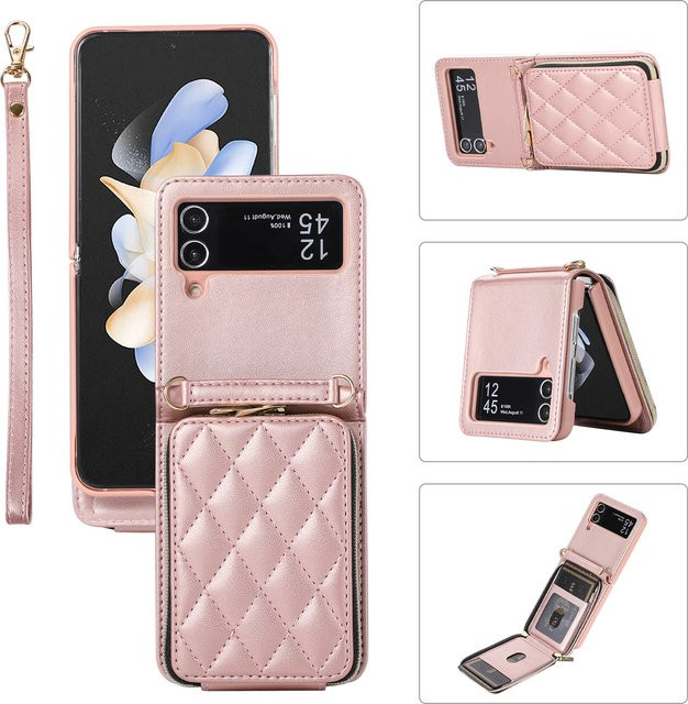 Umhängetasche aus veganem Leder für Samsung Galaxy Z Flip 5G mit Kartenhalter und Handgelenkschlaufe in Purple und Pink - Bild 1