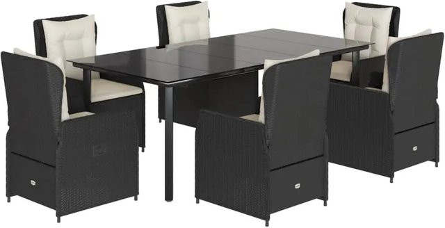 vidaXL 7-teilige Garten-Essgruppe aus Poly Rattan mit Kissen und Glastisch in Schwarz - Bild 1