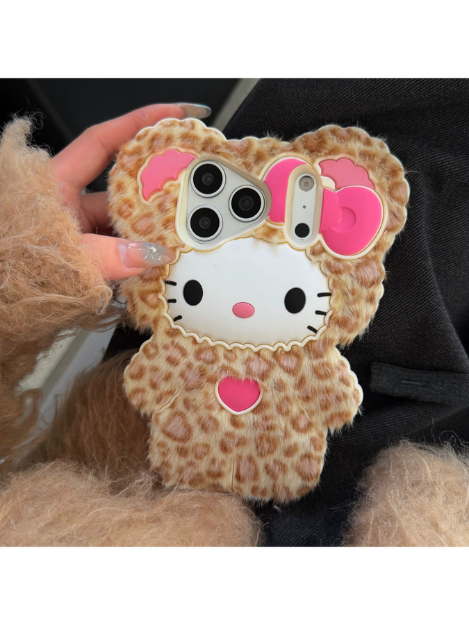 Hello Kitty Handyhülle mit flauschigem Leopardenmuster für Apple iPhone 12 bis 17 Pro Max Plus in Multicolour - Bild 4