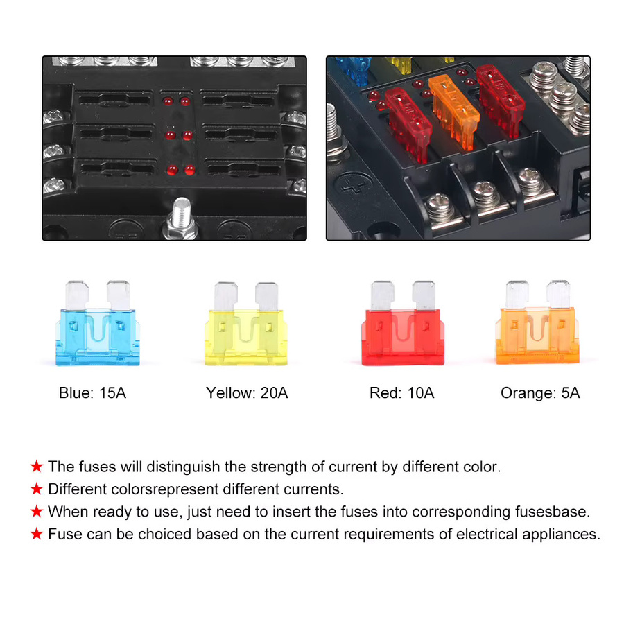 Dynoracing Blade Sicherungskasten Block mit LED Anzeige für Auto und Boot, 6-Wege & 12-Wege Stromverteilung Panel, wasserdicht, Schwarz - Bild 2