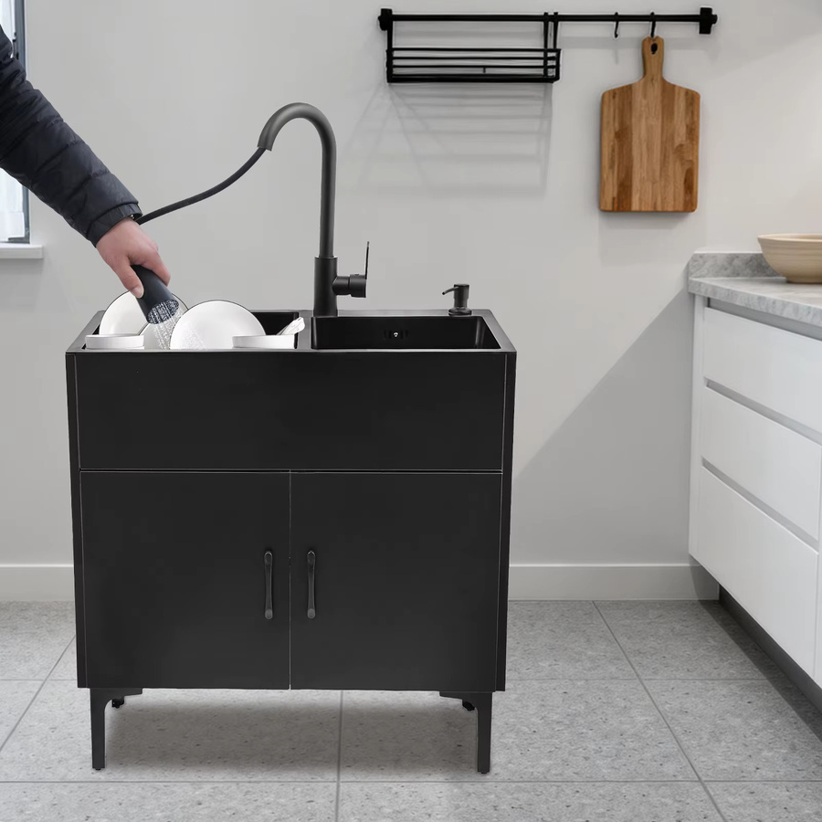 Bymaocar Küchenspüle in Schwarz mit ausziehbarem Wasserhahn und Doppelrille, B/T: 75 x 41 cm - Bild 3
