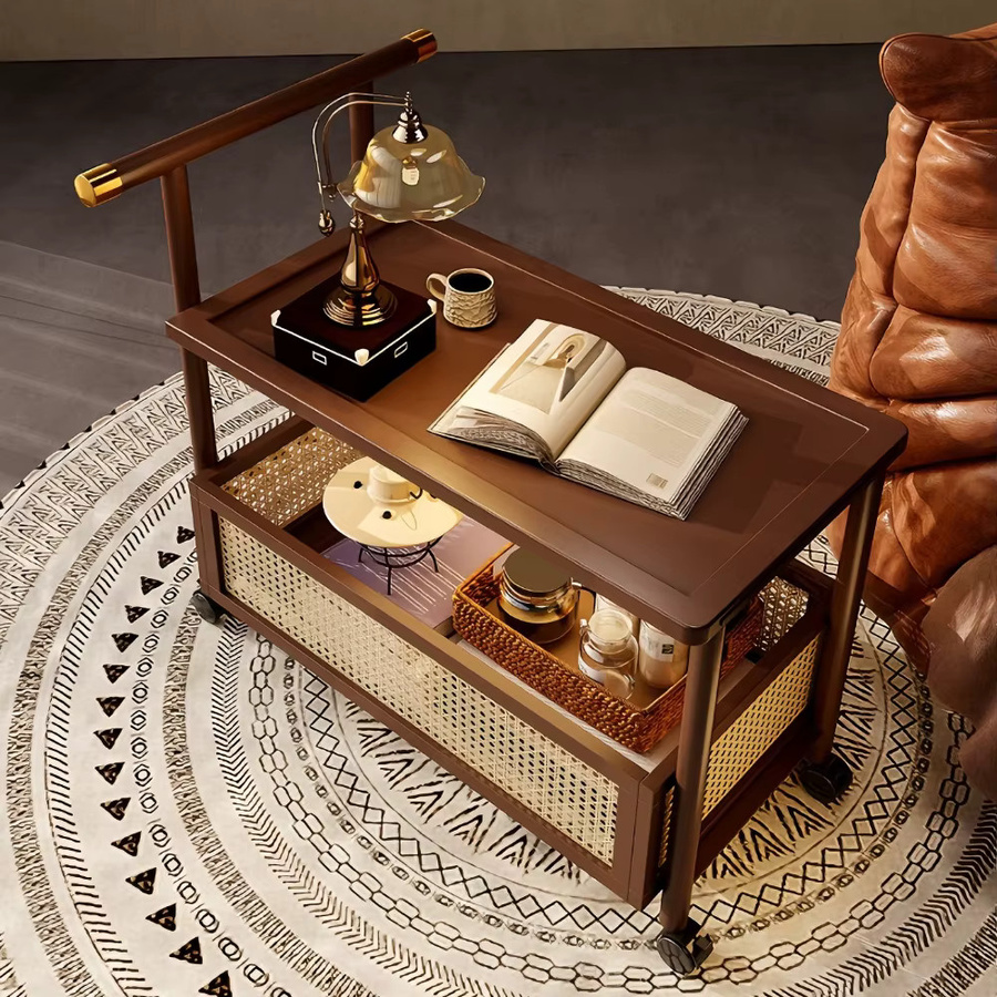 LIUSHADUOLA Mobiler Beistelltisch in Antik-Optik mit Rattan und Rollen, braun, Rechteckig, B/T/H: 70 x 50 cm - Bild 2