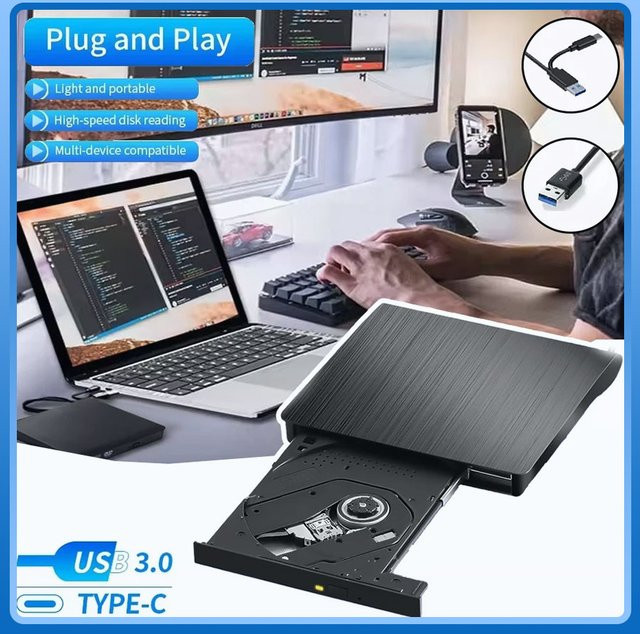 GGBEE 2-in-1 Externes CD/DVD-Laufwerk mit USB 3.0 und USB-C, CD/DVD-Player und Brenner in Schwarz - Bild 1