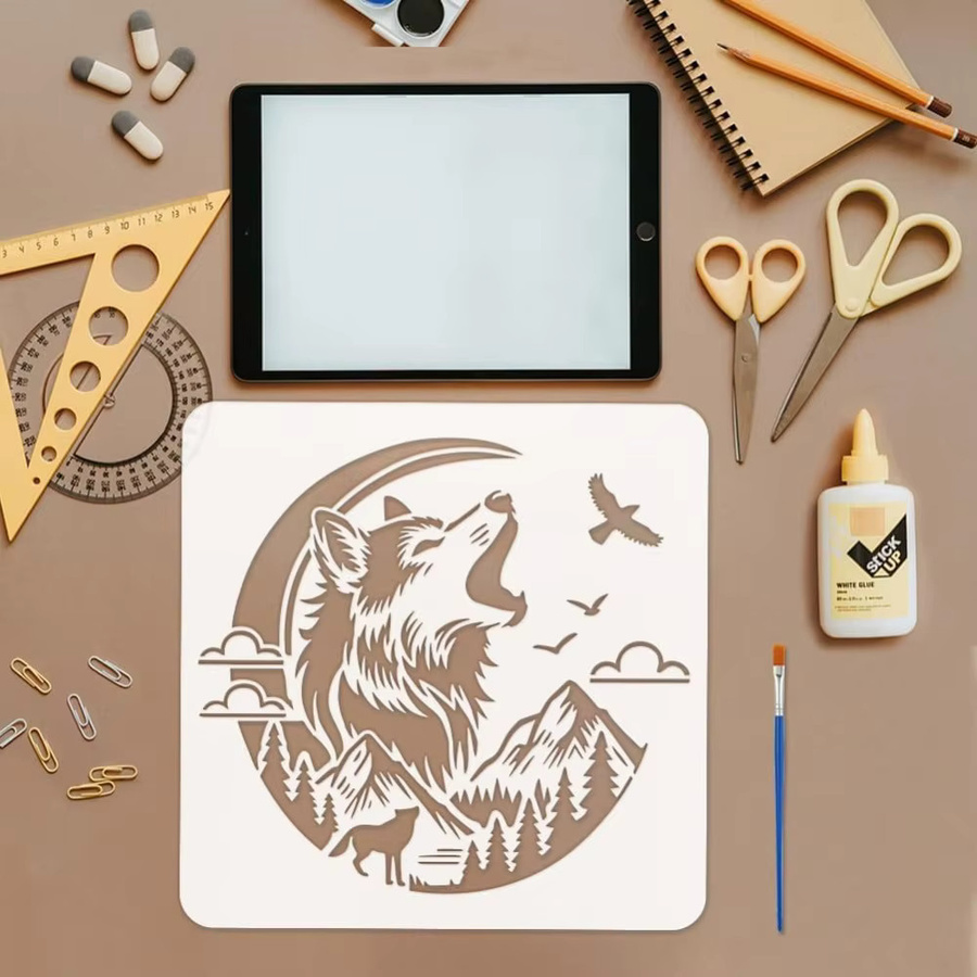 Mondwölfe Malschablonen Set mit Pinsel für Naturmotive wie Berge, Wolf, Wald, Wolken und Wildgänse, Breite: 30,0 cm, Tiefe: 30,0 cm - Bild 3