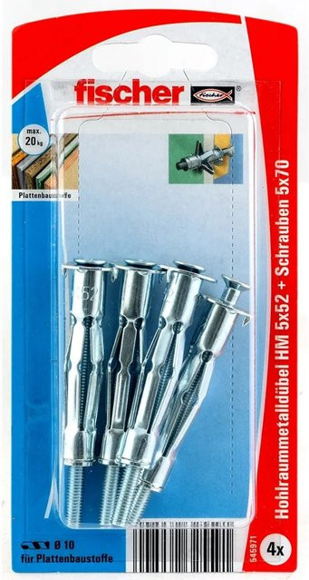 Fischer Hohlraum-Metalldübel HM 5 x 52 SK aus Stahl in Silber mit Senkkopfschraube, 4 Stück - Bild 1