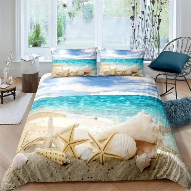Lodestar Seaside Beach 3D Bettwäsche-Set mit Bettbezug und Kissenbezügen in Blau, Maritimes Design, B/H: 135 x 200 cm - Bild 1