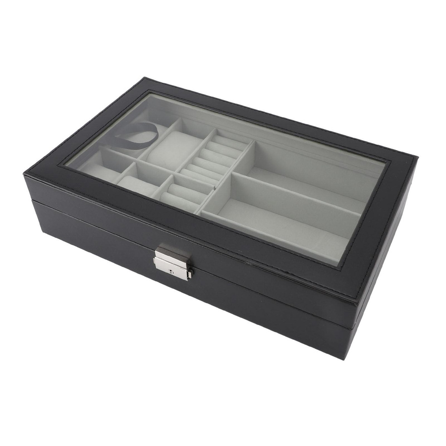 Neoglint Uhrenaufbewahrungsbox in Schwarz mit 4 Fächern, Glasdeckel und Ringablage, wasser- und staubdicht - Bild 2