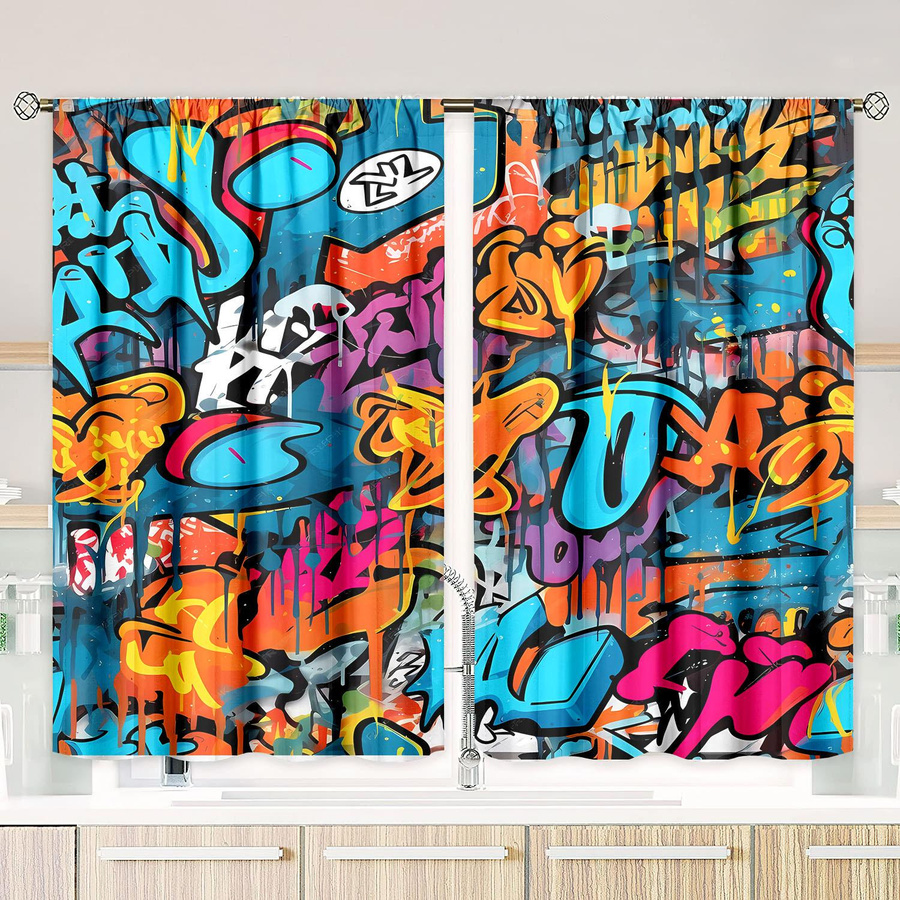 2er-Set Vorhänge mit Doodle-Print aus Polyester, halbtransparent, mehrfarbig, Breite: 76,2 cm, Höhe: 165,1 cm - Bild 3