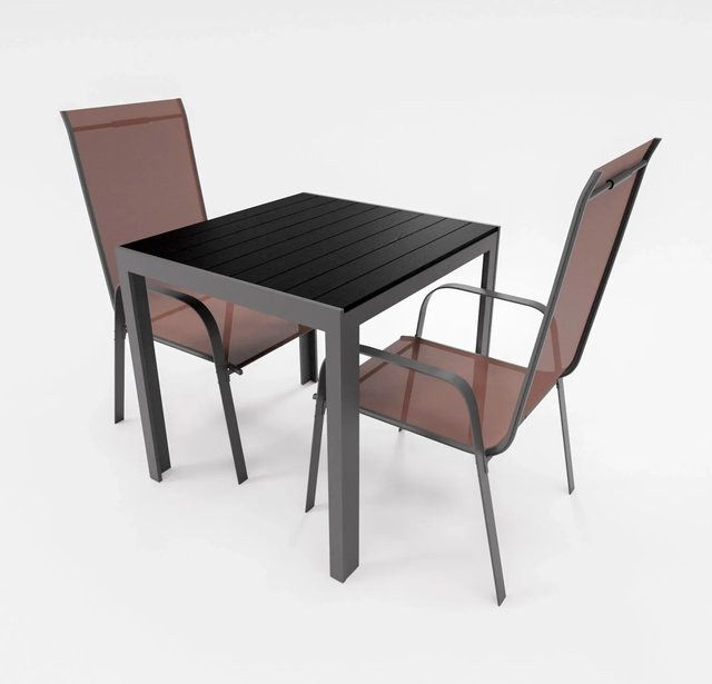 Lex Gartenmöbel Set 3-teilig aus Aluminium mit Tisch und 2 Stapelsesseln in Schokobraun - Bild 1