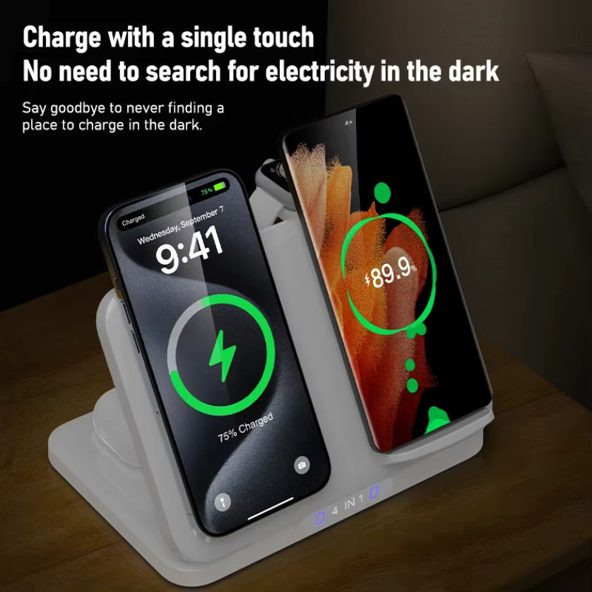 VIKEFON 4-in-1 Dual-Handy-Ladestation in Schwarz mit magnetischem Schnellladen für iPhone 12-17, Samsung S25, Xiaomi und Apple Watch sowie AirPods Pro - Bild 2