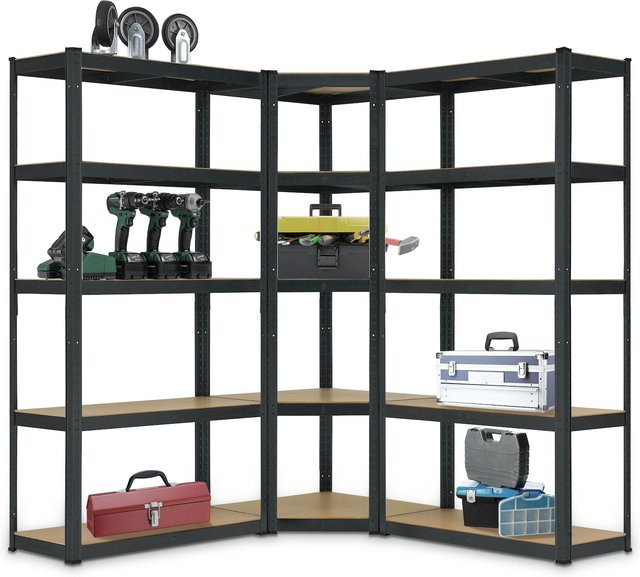 Juskys 3er Metall Regalsystem mit 1 Eckregal und 2 Lagerregalen aus Metall und MDF Holz in Grau, H: 180 cm, B: 40 cm, T: 40 cm - Bild 1
