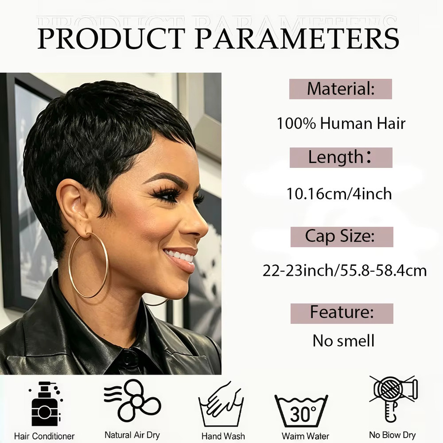 OYM HAIR Pixie-Schnitt-Perücke, Schwarz, Brasilianisches Echthaar, Damen - Bild 3