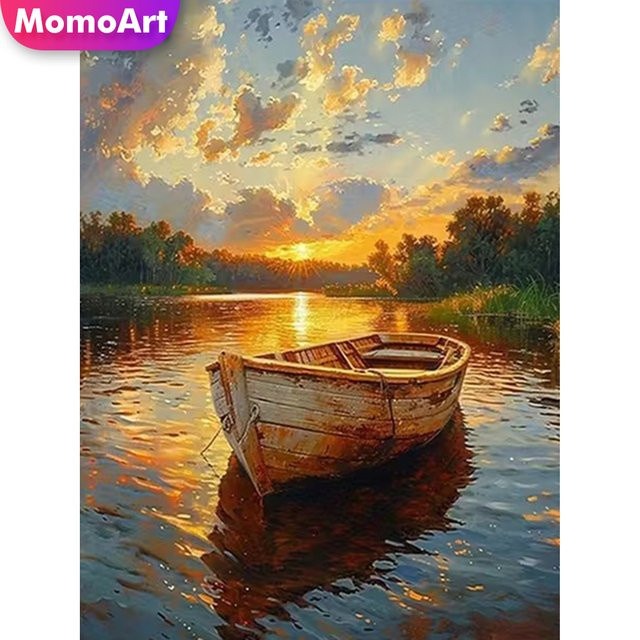 Momoart DIY Diamant-Stickerei Boot-Landschaftsmalerei mit Sonnenuntergang als Mosaik-Set für Erwachsene und Anfänger, Mehrfarbig, B/H: 30 x 30 cm - Bild 1