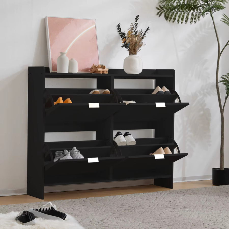 Anajqaqia Moderner Schuhschrank in Schwarz mit 4 Klappenfächern und offenen Regalen, B/T/H: 110 x 24 x 90 cm - Bild 2