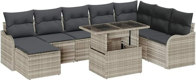 vidaXL Garten-Sofa-Set aus Poly Rattan und Stahl, 9-teilig, Hellgrau - Bild 1