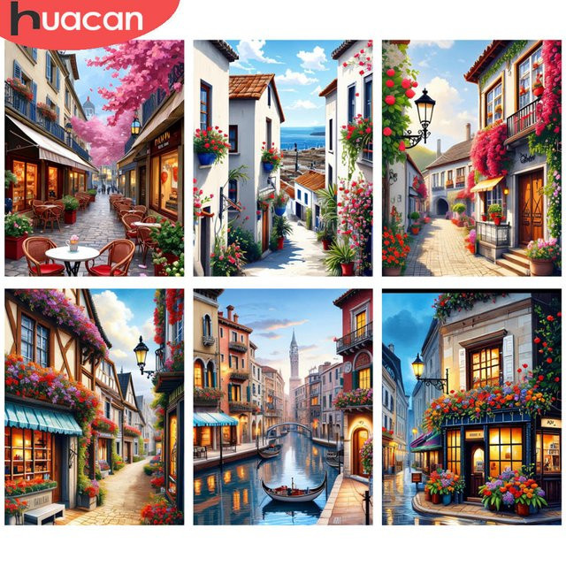 HUACAN Diamantmalerei Set Romantische Paris Straße mit Kirschblüten, 5D DIY Kunst Mosaik Bild in Mehrfarbig, Breite: 30,0 cm, Höhe: 20,0 cm - Bild 1