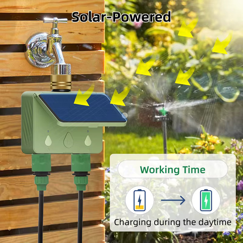 EZAIOT WLAN Smart Bewässerungstimer für den Garten, Solarbetriebener Tuya Programmierbarer 2-Zonen-Bewässerungsautomat mit Durchflussmesser in Grün - Bild 4