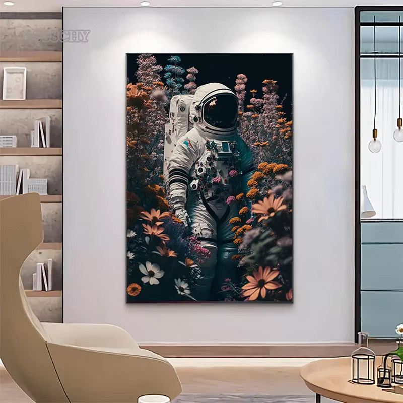 Potdemiel Leinwandgemälde Astronaut in Blumen Modernes Wandbild mit Kosmonaut und Planeten als Dekoration für Kinderzimmer in Mehrfarbig - Bild 4