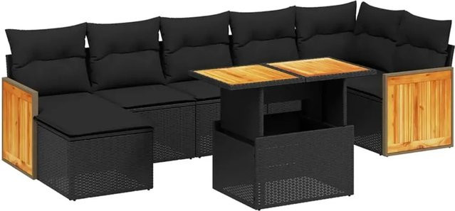 vidaXL 8-teilige Garten-Sofagarnitur in L-Form aus schwarzem Poly-Rattan mit Kissen und pulverbeschichtetem Stahlrahmen - Bild 1