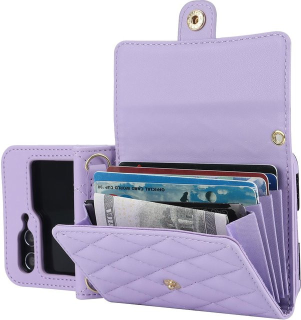 Leder Umhängetasche mit Lanyard und Kartenfach für Samsung Galaxy Z Flip 7 FE, Z Flip 6, Z Flip 5, Z Flip 4 und Z Flip 3 in Violett - Bild 1