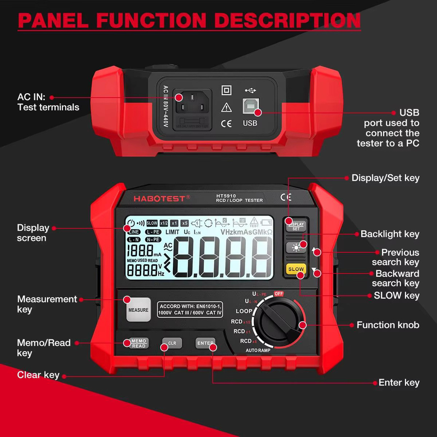 HABOTEST HT5910 Digitales Widerstandsmessgerät in Rot mit LCD-Display, Leckstrom-Schaltertester, Voltmeter, Megohmmeter und RCD/Loop-Tester mit 1000 Datenspeicher - Bild 3