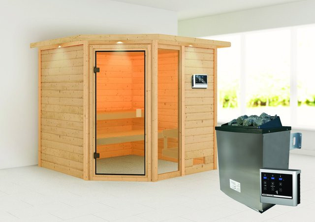 Karibu Massivholzsauna Tabea aus Fichte in Braun mit 9.0 kW Ofen, Steuergerät und Dachkranz, B/T/H: 196 x 196 x 187 cm - Bild 1
