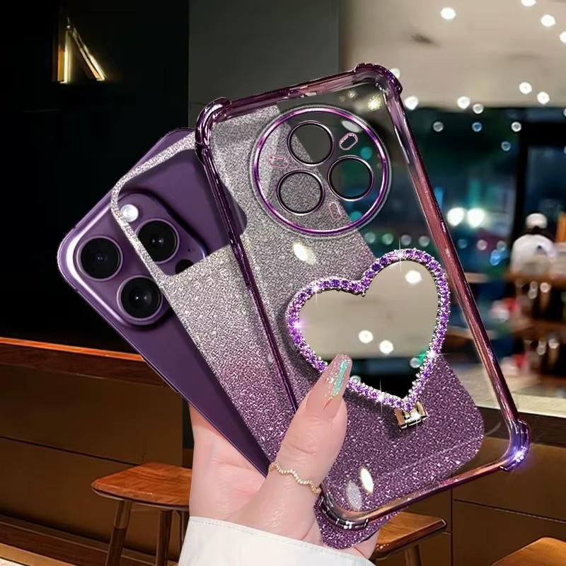 Glitzer Handyhülle mit Spiegelhalterung und Kristall-Armband für Realme 14 15 16 15T 16T Pro Plus 5G in Schwarz oder Lila - Bild 2