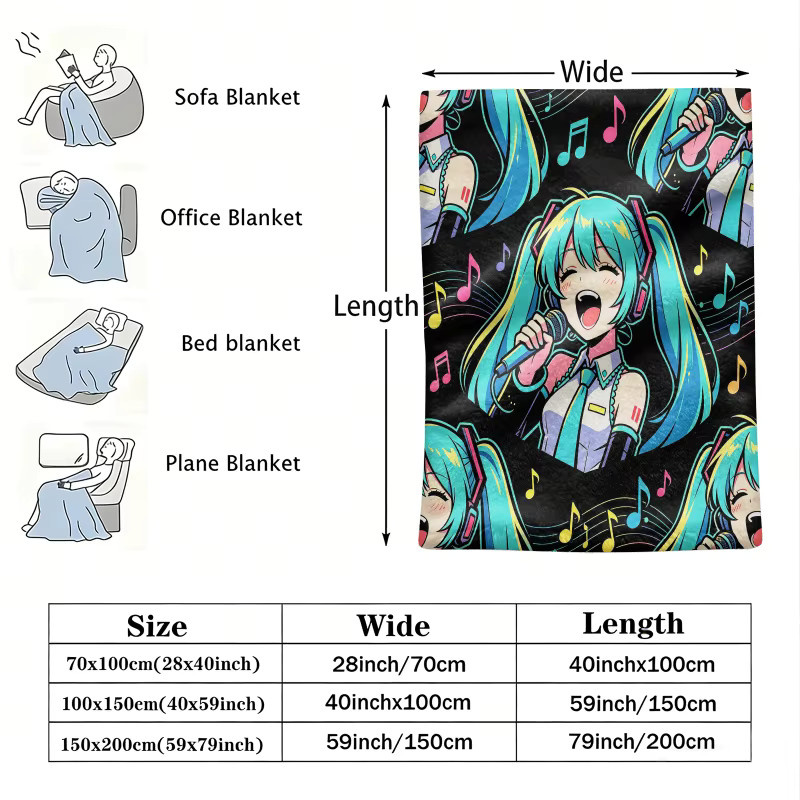 Hatsune Miku Rock Star Flanell-Überwurfdecke, weiche Fleece-Sommerdecke in Multicolour, B/B/H: 100 x 70 x 1 cm - Bild 2
