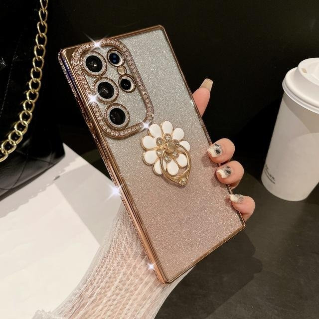 Luxus Handyhülle mit Strass-Rahmen und Diamant-Ringständer für Samsung Galaxy S25 Ultra S24 S23 S22 Plus in Gold und Transparent - Bild 1