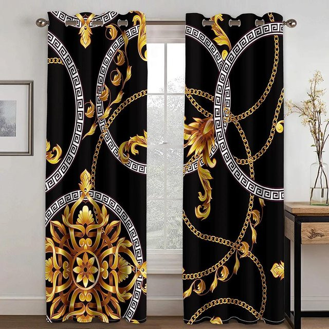 Set aus 2 semi-transparenten Vorhängen aus Polyester mit 3D-Druck in Schwarz-Gold, modernes Luxusdesign für Wohnzimmer und Schlafzimmer, B: 50 cm, H: 130 cm - Bild 1