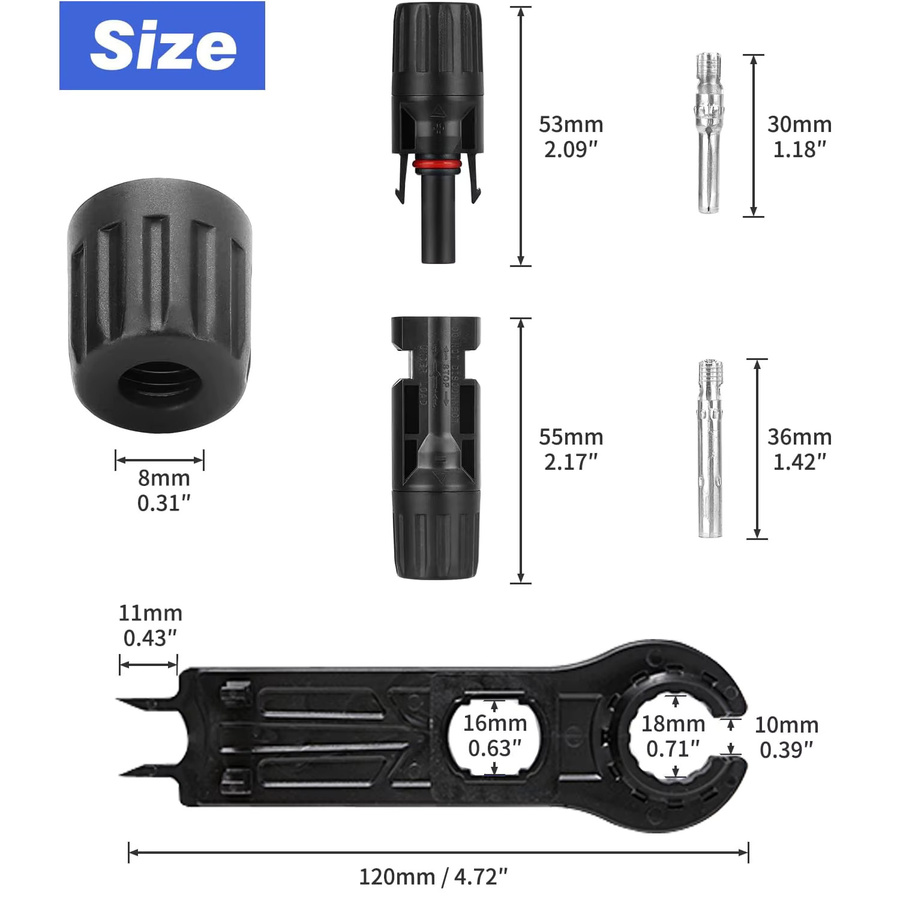 AOKIN Solarstecker Set 40 Stück 20 Paar IP67 wasserdichte Solarpanel-Kabelanschlüsse 10 AWG in Schwarz mit 2 Schraubenschlüsseln - Bild 3