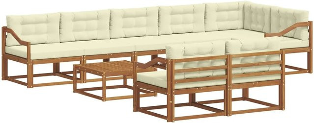 vidaXL Outdoor-Sofagarnitur 9-teilig in L-Form aus Akazienholz mit Kissen in Beige und Creme - Bild 1