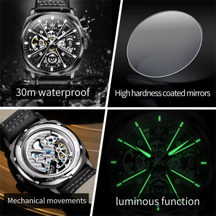 OLEVS Armbanduhr, Mechanisch, Handaufzug, Leder, Schwarz, Herren - Bild 5