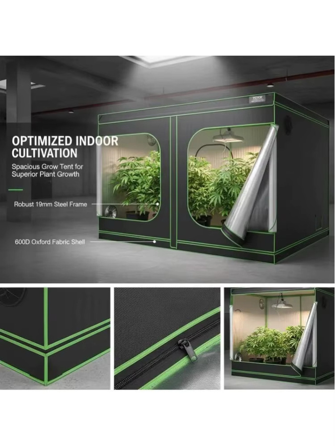 Growbox Indoor-Grow-Zelt aus schwarzem 600D Oxford-Gewebe mit 19 mm Stahlrahmen, B/T/H: 305 x 305 x 203 cm - Bild 8