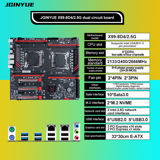 JGINYUE X99-8D4 Dual-CPU-Motherboard LGA 2011-3 für Xeon E5 V3 V4 CPUs, DDR4-Unterstützung, Dual-2.5G-LAN, Schwarz - Bild 1