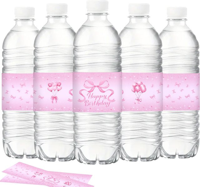 Flaschenetiketten mit rosa Schleife aus Papier für Babyparty, Hochzeit und Geburtstage - Bild 1