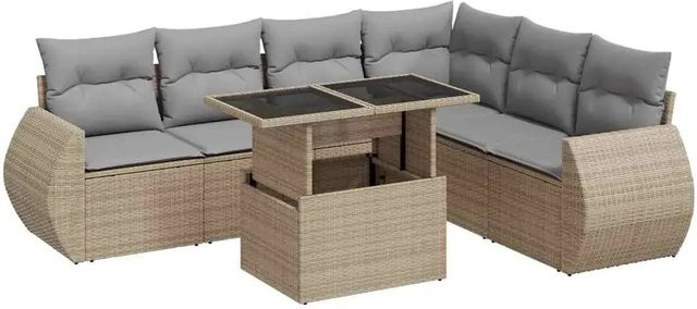 vidaXL 7-teilige Garten-Sofagarnitur in L-Form aus Poly-Rattan mit Kissen in Beige-Grau - Bild 1