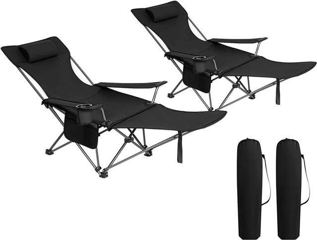 WOLTU 2er Set Campingstühle mit Lehne, Fußstütze und Getränkehalter aus Oxford-Gewebe, Schwarz - Bild 1