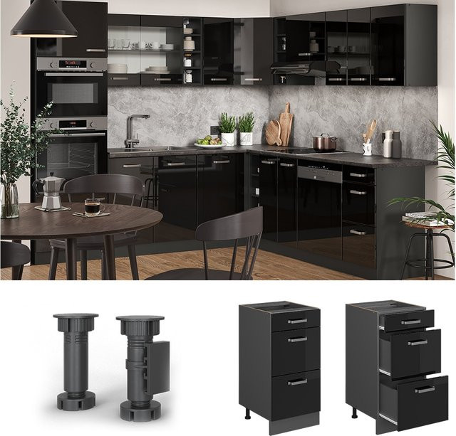 Vicco Küchenunterschrank R-Line Schwarz Anthrazit Hochglanz mit Schubladen Breite: 40 cm, Höhe: 81,6 cm, Tiefe: 46 cm - Bild 3