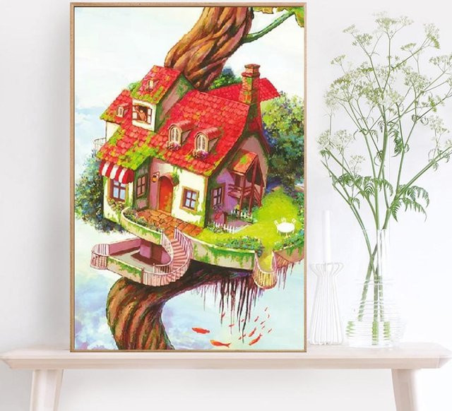 FIYO Diamantmalerei mit runden Steinen Motiv Haus und Baum in Braun, B/H: 30 x 20 cm - Bild 1